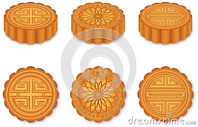 Set of isolated chinese mooncakes. Traditional cakes of mid autumn festival Vector Illustration