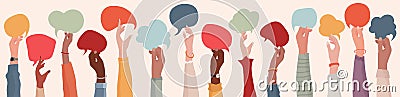 Group Raised arms of diversity multi-ethnic multicultural people holding speech bubble in hand. Diverse people talking chatting an Stock Photo