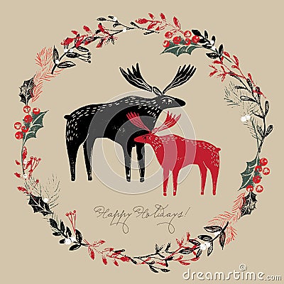 Composition of christmas wreath with moose in rustic linocut scratchy style Stock Photo