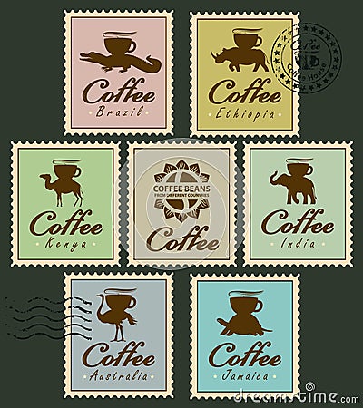 Stamps with animals from coffee cup Vector Illustration