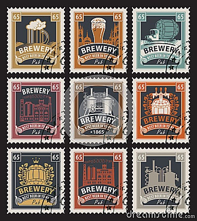 Stamps on beer and brewery Vector Illustration