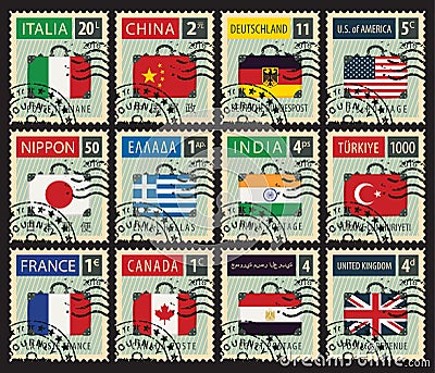 Stamps with flags of different countries Vector Illustration