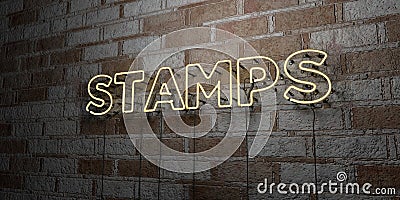 STAMPS - Glowing Neon Sign on stonework wall - 3D rendered royalty free stock illustration Cartoon Illustration
