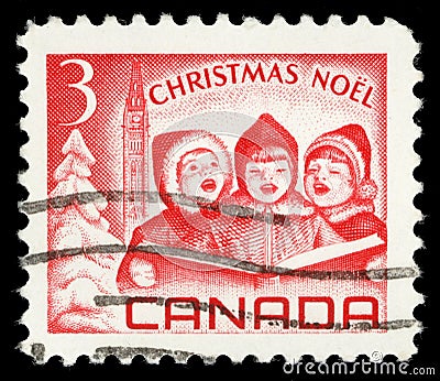 Stamps printed in Canada, depicts Singing Children and Peace Tower, Ottawa Editorial Stock Photo