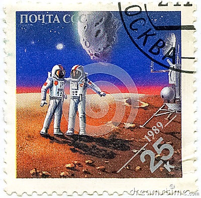 Stamps Printed In Russia Dedicated To Exploration In Space, Circ Editorial Stock Photo