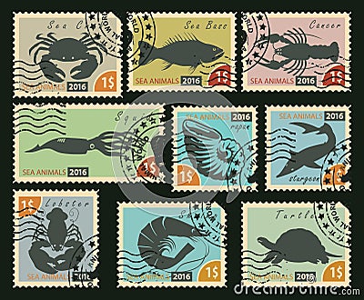 Stamps with sea animals Vector Illustration