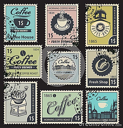 Stamps on the theme of coffee Vector Illustration