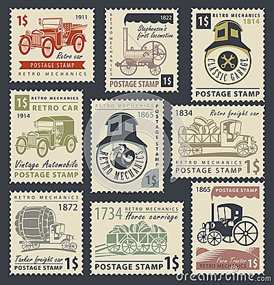 Stamps on the theme of road and rail transport Vector Illustration