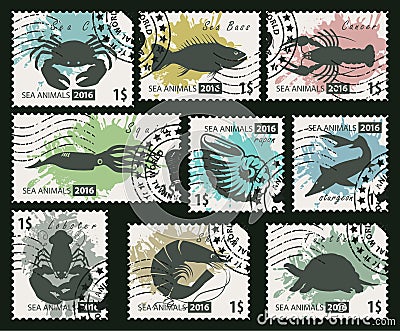 Stamps on the theme of sea life animals Vector Illustration