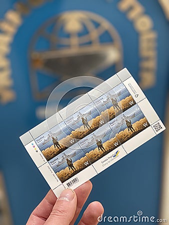 Stamps on Ukrposhta, Russian Warship. Odessa Ukraine Editorial Stock Photo
