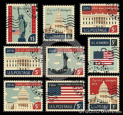 Stamps with United States of America landmarks Vector Illustration