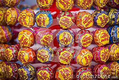 Stand with chupa chups candy shot close up. Editorial Stock Photo