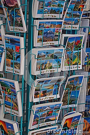 Stand with colorful postcards in a souvenir shop on the Spanish island of Tenerife Editorial Stock Photo