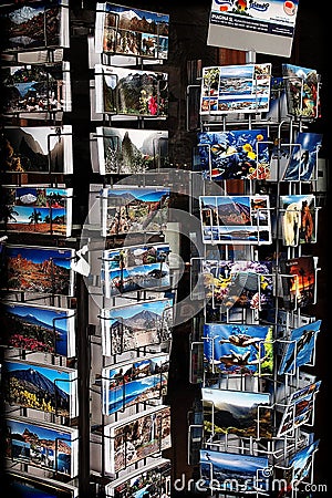 Stand with colorful postcards in a souvenir shop on the Spanish island of Tenerife Editorial Stock Photo