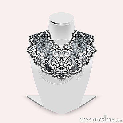 Stand dummy for demonstration of ornaments with a lace flower element. Black tracery pattern on a realistic white mannequin. Vector Illustration