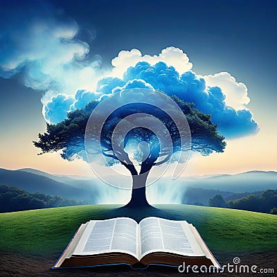 a stand on a giant book opened on ground with fairytale nature pop out from paper idea for imagination of childhood Cartoon Illustration