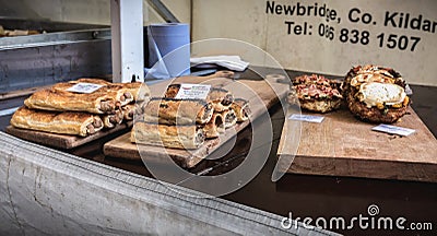 Stand of Irish bread, pastry and specialty vendor in the Temple Bar district in Dublin Editorial Stock Photo
