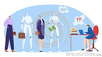 Stand line queue, standing artificial intelligence robot and human character together job interview flat vector Vector Illustration