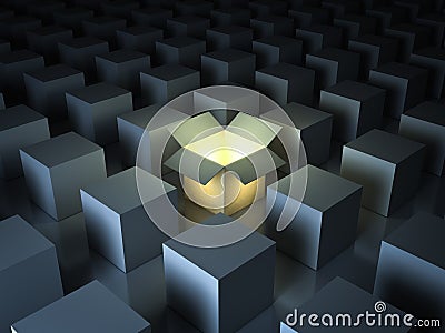 Stand out from the crowd , different creative idea concepts , One luminous opened light box glowing Stock Photo