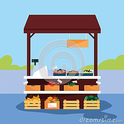 stand selling vegetables and fruits Cartoon Illustration