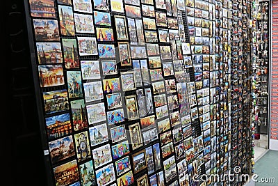 Stand with souvenir magnets in Prague Editorial Stock Photo