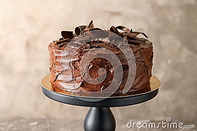 Stand with tasty homemade chocolate cake Stock Photo