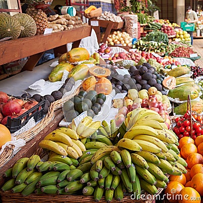 Stand with tropical fruit on the farmers market - bananas, avocados, papayas and oranges. Funchal, Madeira Stock Photo