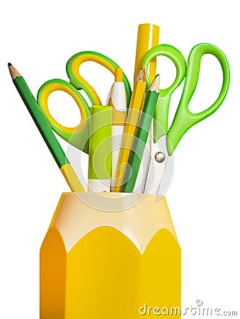 Stand under the office with stationery. Scissors, pencils, pens of yellow and green color. Element for clipart Stock Photo