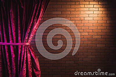 Brick wall and red curtain Stock Photo