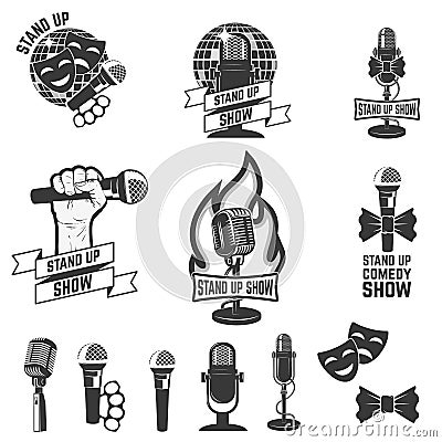 Stand up comedy show labels. Set of old style microphones. Vector Illustration