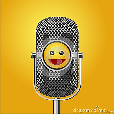 Stand up comedy show poster with microphone and smiling face. Humor event vector background. Vector Illustration