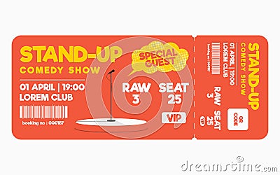 Stand up comedy show ticket on white background. Ticket template for comedy show, performance Vector Illustration