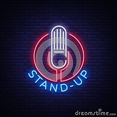 Stand Up Logo in Neon Style. Comedy show is neon sign, symbol, an invitation to a comedy performance, bright banner Vector Illustration
