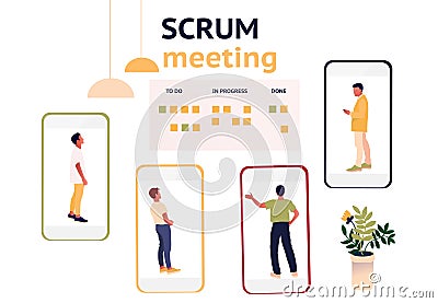 Stand-up meeting vector illustration. Scrum master with team. Vector Illustration