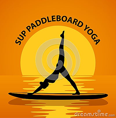 Stand up paddleboard Yoga. Woman silhouette in downwards facing dog leg air pose Vector Illustration