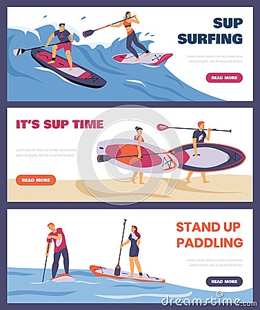 Stand up paddling water activity flyers or banners set flat vector illustration. Vector Illustration