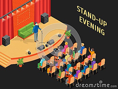 Stand-Up Show Scene and Auditorium Isometric View. Vector Vector Illustration