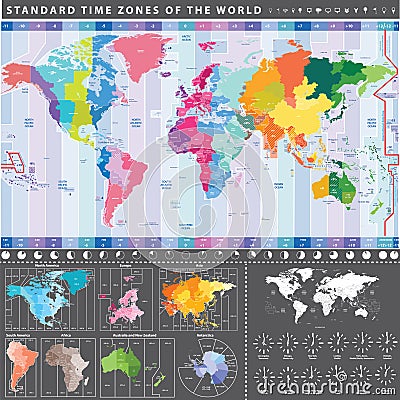 Standard time zones of the world map with continents separately Vector Illustration