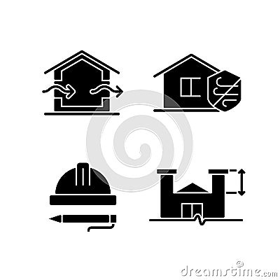 Standards for residential construction black glyph icons set on white space Vector Illustration