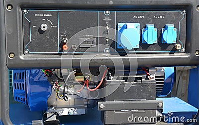 Standby generator - outdoor power equipment. Portable generator standby generator control panel Stock Photo