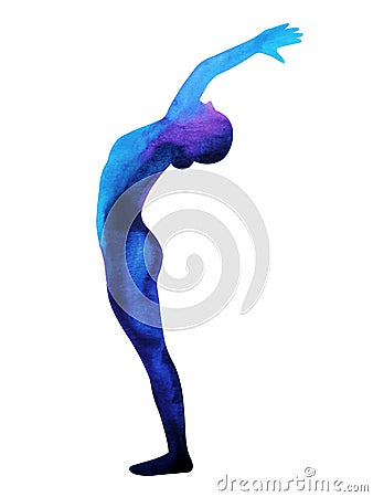Standing Back Bend Yoga Pose, color chakra watercolor painting Cartoon Illustration
