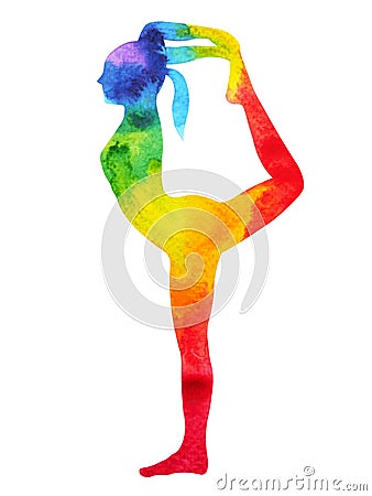 Standing back bending 1 leg yoga pose 7 color chakra watercolor painting Cartoon Illustration