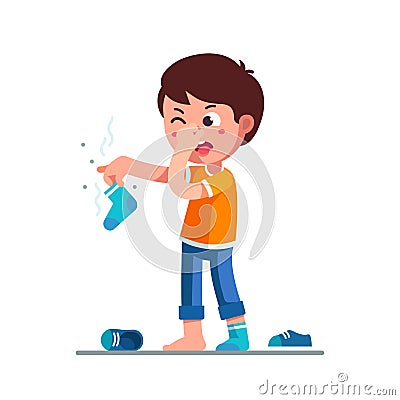 Standing boy holding dirty smelling sock in hand Vector Illustration