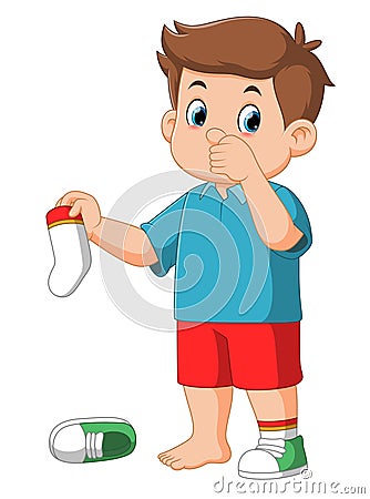 Standing boy kid holding dirty smelling sock in hand closing nose Vector Illustration