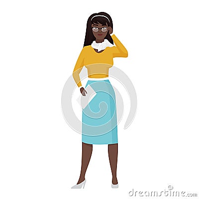 Standing business lady or teacher holding glasses, looking with serious stern look Cartoon Illustration