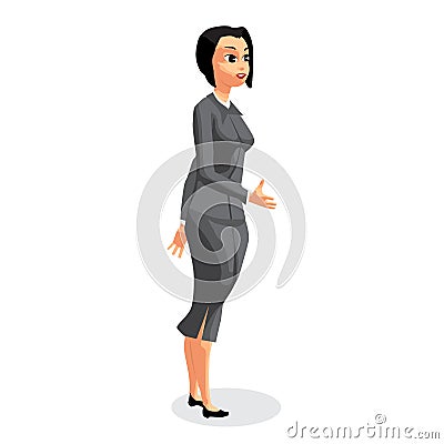 Standing business woman stretching her open hand Cartoon Illustration