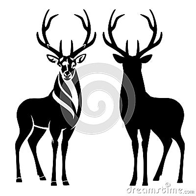 Standing deer buck with big antlers black vector outline and silhouette Vector Illustration