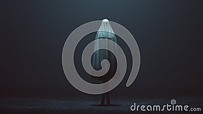 Standing Evil Spirit Ghost with Crossed Legs and Hands by Her Sides in a Death Shroud Sheet in a Foggy Void Stock Photo