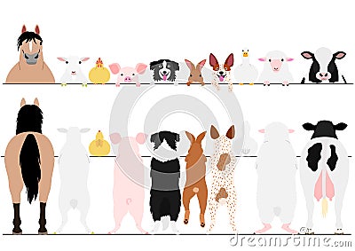 Standing farm animals front and back border set Vector Illustration