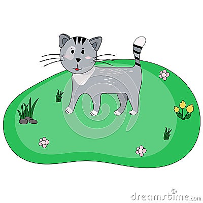 Standing farm cat is in cartoon style. Smiling house cat is walking in the village. Vector illustration for kids, books Vector Illustration